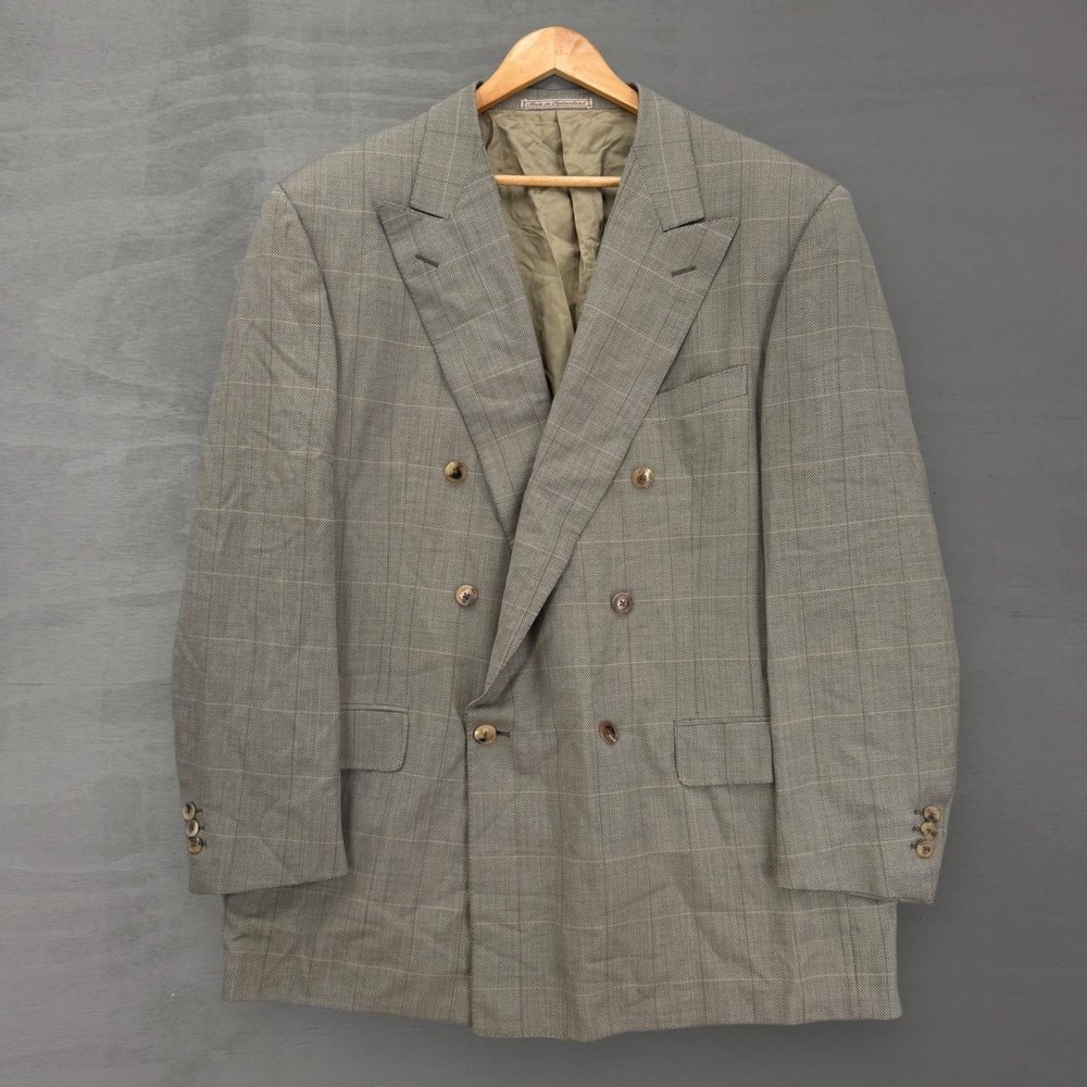 Vintage Ermenegildo Zegna Double Breasted Blazer Tan Grey Windowpane Wool 58L